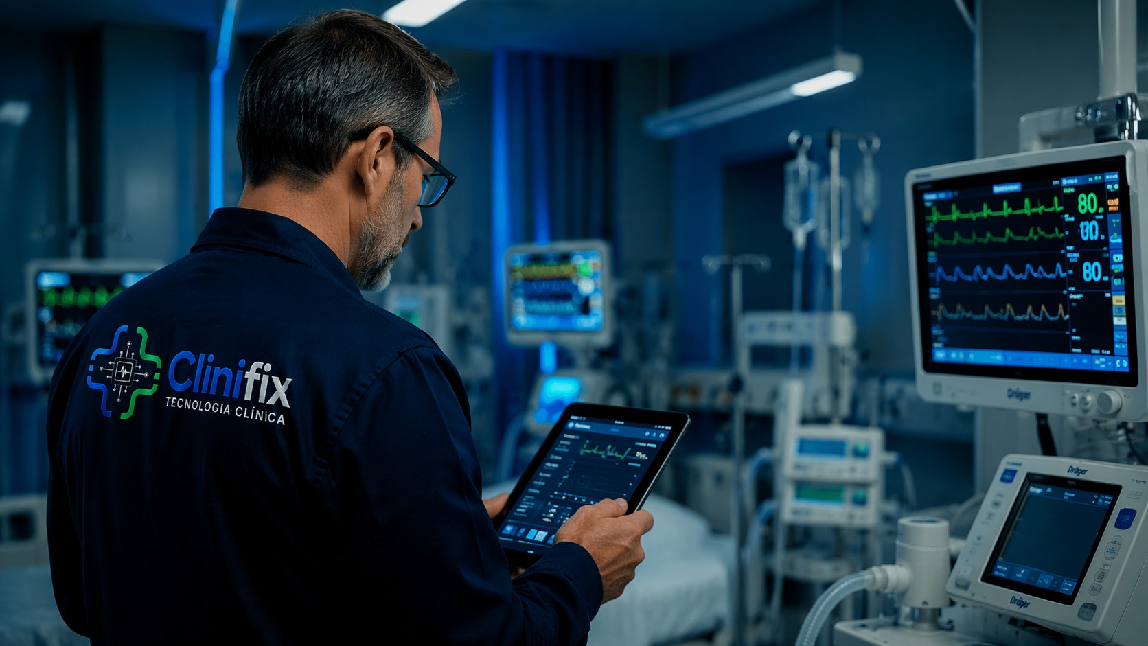 Engenheiro clínico realizando manutenção preventiva em equipamento hospitalar